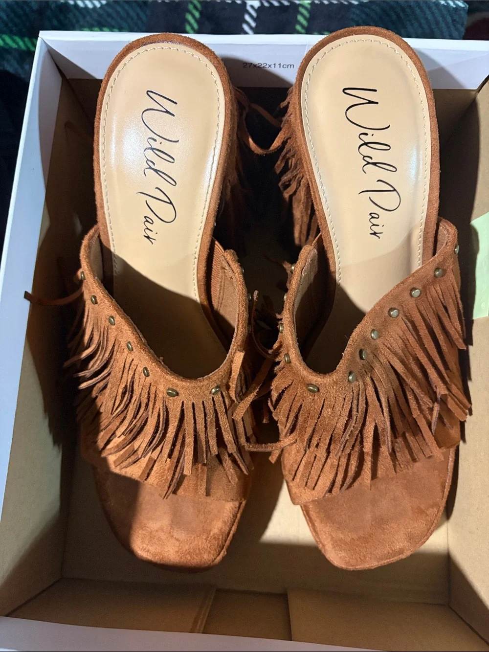 Wild Pair Fringe Platform Mule Heels in Rust Brown